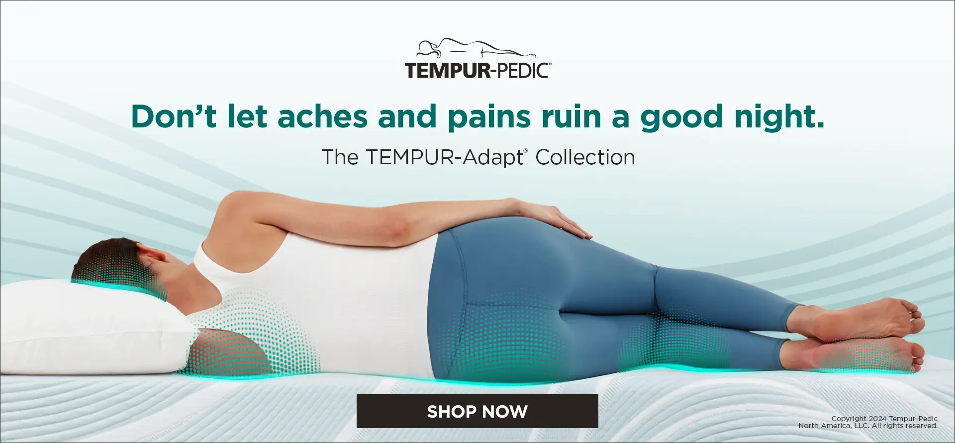 Woman resting on her side in a Tempur-Pedic evergreen comfort banner.